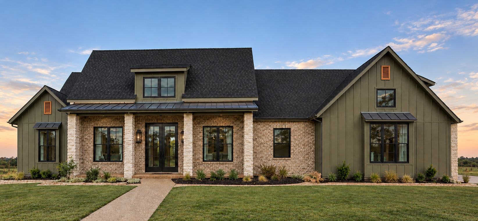 Custom home built by Joe Jarolik, shown with exterior finishes and presentation modified for marketing